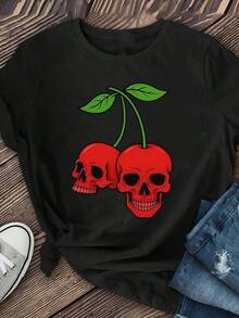 Camiseta negra informal de manga corta con cuello redondo para hombre,Camisetas Para Mujer Camiseta Y2K con diseño exclusivo de calaveras y cerezas rojas, perfecta para destacar tu estilo único. Ideal para los amantes de la moda alternativa en México. ¡Luce genial con esta pieza única que no puedes dejar pasar! - Negro - Ver 1