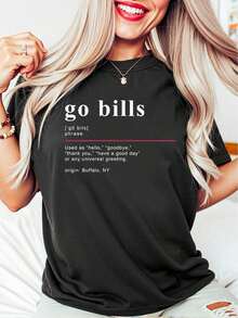 Women's Oversized Style Go Bills T-Shirt With Fun Design Celebrating The Buffalo Spirit With A Playful Interpretation Of The Phrase, Loose Fit Women's T-Shirt, Perfect For Christmas Parties Or As A Gift, Soft And Comfortable, Round Neck, 100% Cotton, Soft Fabric, Short Sleeve. - 黑色 - 查看 1