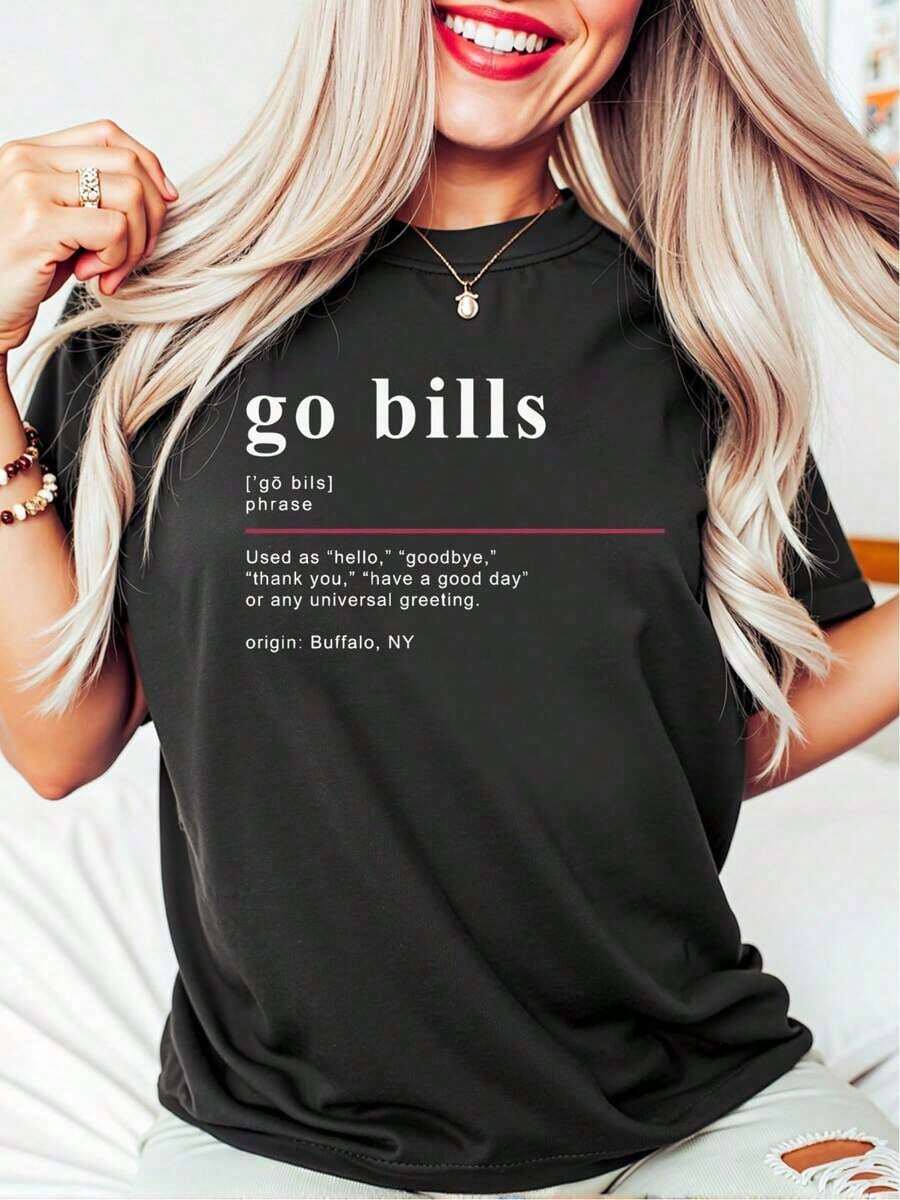 Women's Oversized Style Go Bills T-Shirt With Fun Design Celebrating The Buffalo Spirit With A Playful Interpretation Of The Phrase, Loose Fit Women's T-Shirt, Perfect For Christmas Parties Or As A Gift, Soft And Comfortable, Round Neck, 100% Cotton, Soft Fabric, Short Sleeve. - 黑色 - 查看 1