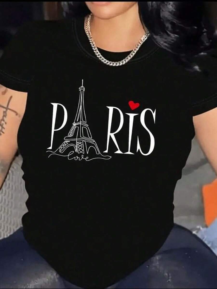 100% Algodón Premium: Camiseta única y moderna con diseño de la Torre Eiffel y la palabra PARIS en un estilo llamativo perfecta para amantes de la moda y el estilo y2k ideal para cualquier ocasión combina comodidad y estilo para destacar tu personalidad- Ropa de Moda Casual Suave y Transpirable para Diario - Negro - Ver 1