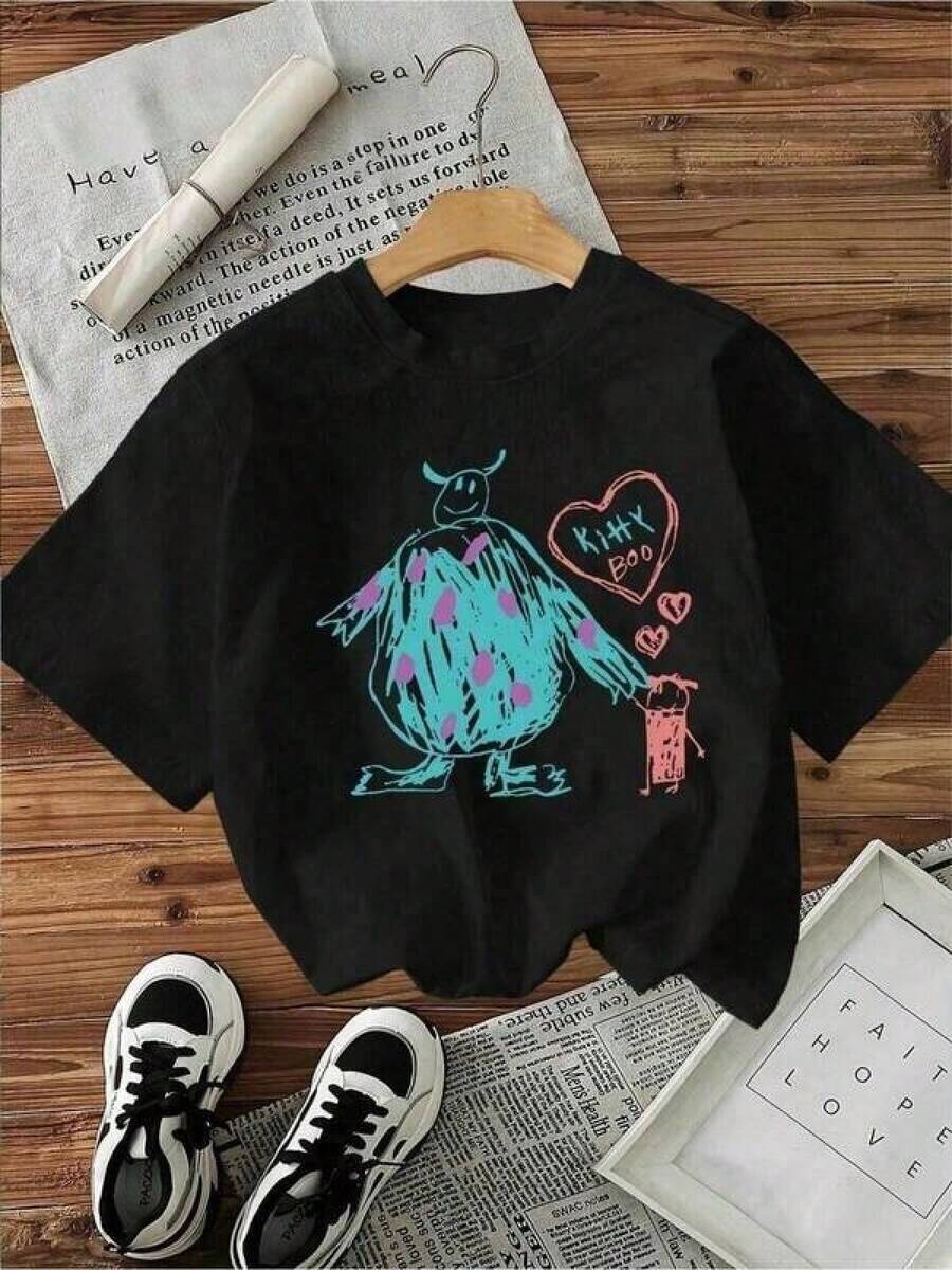 Camiseta negra informal de manga corta con cuello redondo para hombre,Camisetas Para Mujer Camiseta única y moderna con diseño artístico de criatura colorida estilo y2k, perfecta para destacar tu personalidad. Ideal para amantes de la moda alternativa en México, ¡no te quedes sin la tuya! - Negro - Ver 1