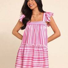 Vestido corto de mujer de gasa con mangas de avión, adecuado para vacaciones de primavera/verano - Rosa - Ver 2