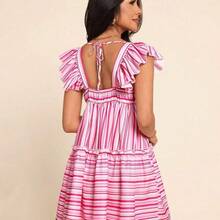Vestido corto de mujer de gasa con mangas de avión, adecuado para vacaciones de primavera/verano - Rosa - Ver 3