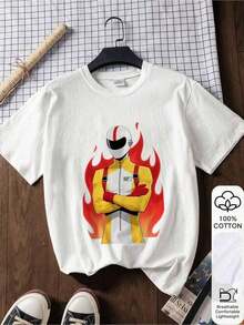 Black 100% Cotton T-Shirt With Racing Driver And Flame Print, Oversized Casual Short Sleeve T-Shirt For Women, Urban Biker Sport Streetwear, Soft And Breathable Top For Daily Wear And Outings, Plus Size Available, Boho Chic - 白色的 - 查看 2