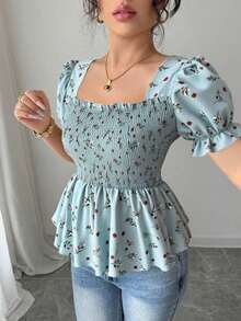 Blusa elegante de mujer con estampado floral diminuto y ajuste ceñido - Celeste - Ver 4