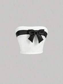 Top tubo ajustado de corte corto con lazo al frente, top sin tirantes de ajuste regular con bloqueo de color negro para dama, atuendos de fiesta/discoteca para primavera/verano - Blanco - Ver 5