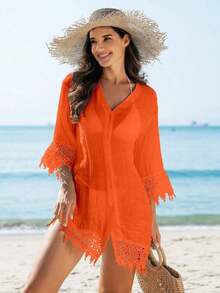 Swim Vcay Kimono cubrecuerpo para damas de un solo color con aplicaciones de encaje y botones delanteros - Naranja - Ver 6