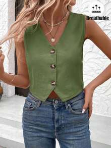 Chaleco camisa casual de un solo pecho de unicolor para mujer - Verde militar - Ver 4