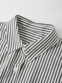 Camisa de manga corta a rayas vintage, de moda para ir al trabajo en verano - Blanco y Negro - Ver 5