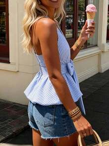 2026 Nueva llegada Blusa de mujer con estilo envolvente y detalle de lazo, patrón de rayas clásico - Versátil para uso casual diario, oficina, viajes relajados - Multicolor 8 - Ver 2