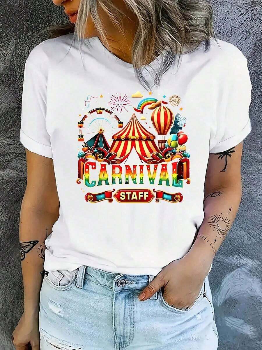 Camiseta de manga corta con cuello redondo y estampado de letras con diseño de parque de atracciones para el día de carnaval, 100% algodón, elegante para mujer, transpirable, ropa de verano fresca y versátil para mujer. - Blanco - Ver 1