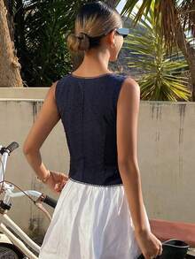Cárdigan corto sin mangas casual de mujer, estilo bohemio, con textura de rayas, adecuado para la playa, la calle, primavera/verano - Azul marino - Ver 4