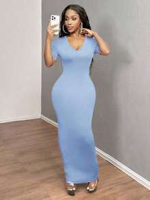 Vestido ajustado corto de manga corta con cuello en V liso para baile de graduación - Celeste - Ver 3