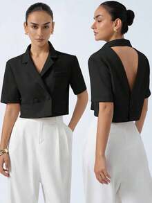 Nueva chaqueta elegante y sofisticada de tela texturizada con cuello de solapa, diseño de espalda cruzada, cintura corta y mangas cortas para estilizar la figura de la mujer - Negro - Ver 9