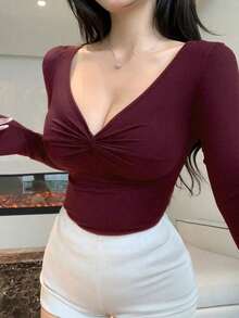Camiseta básica de manga larga con cuello en V, nudo y ajuste ceñido para mujer, tops de otoño - Burdeos - Ver 4
