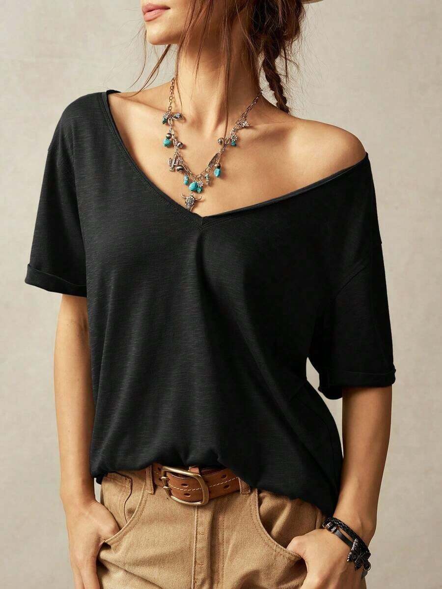 Camiseta casual de mujer de manga corta y cuello en V de unicolor holgada - Negro - Ver 1