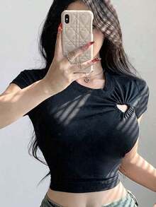 Blusa Corta Ajustada Sexy De Verano Con Diseño De Hueco - Negro - Ver 1