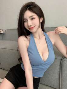 Top halter acanalado de un solo color, top de salida, top de tirantes, atuendo de crucero para mujeres - Azul - Ver 3