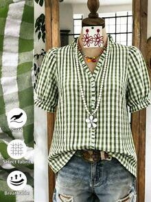 Blusa casual con cuello en V, volantes y mangas de pétalos acanalados para tallas grandes - Verde - Ver 5