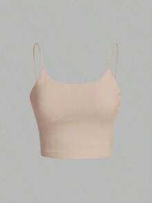 Camiseta de tirantes finos de un solo color simple, uso casual de todos los días para mujeres - Albaricoque - Ver 6