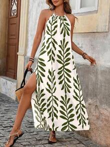 Vestido con estampado, corte con abertura alta, espalda descubierta, atar al cuello y flecos para mujer, vacaciones - Multicolor 3 - Ver 4