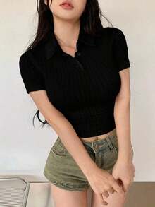 casual de mujer de unicolor con cuello polo y manga corta, para el verano, top corto para mujeres - Negro - Ver 5