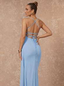 Vestido de estilo elegante y romántico para mujer, adecuado para fiesta, vacaciones, vuelta al colegio, cita romántica y boda, vestido de fiesta con escote en pico, cuello halter, espalda descubierta, efecto fruncido y lazo - Azul - Ver 2