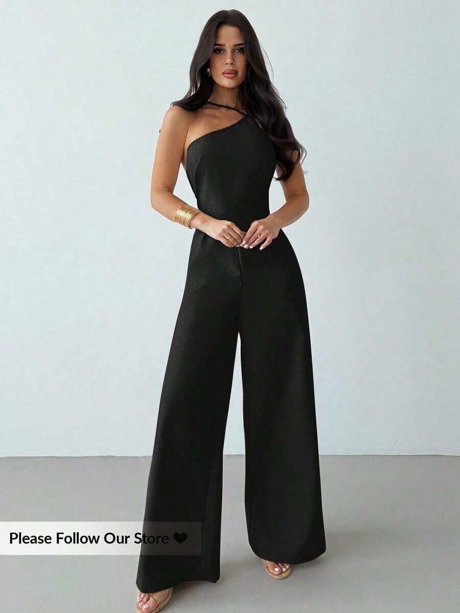verano nuevo, elegante y minimalista de lino de color albaricoque con espalda descubierta, plisado en la cintura y piernas anchas, para vacaciones, uso diario y todas las estaciones - Negro - Ver 1