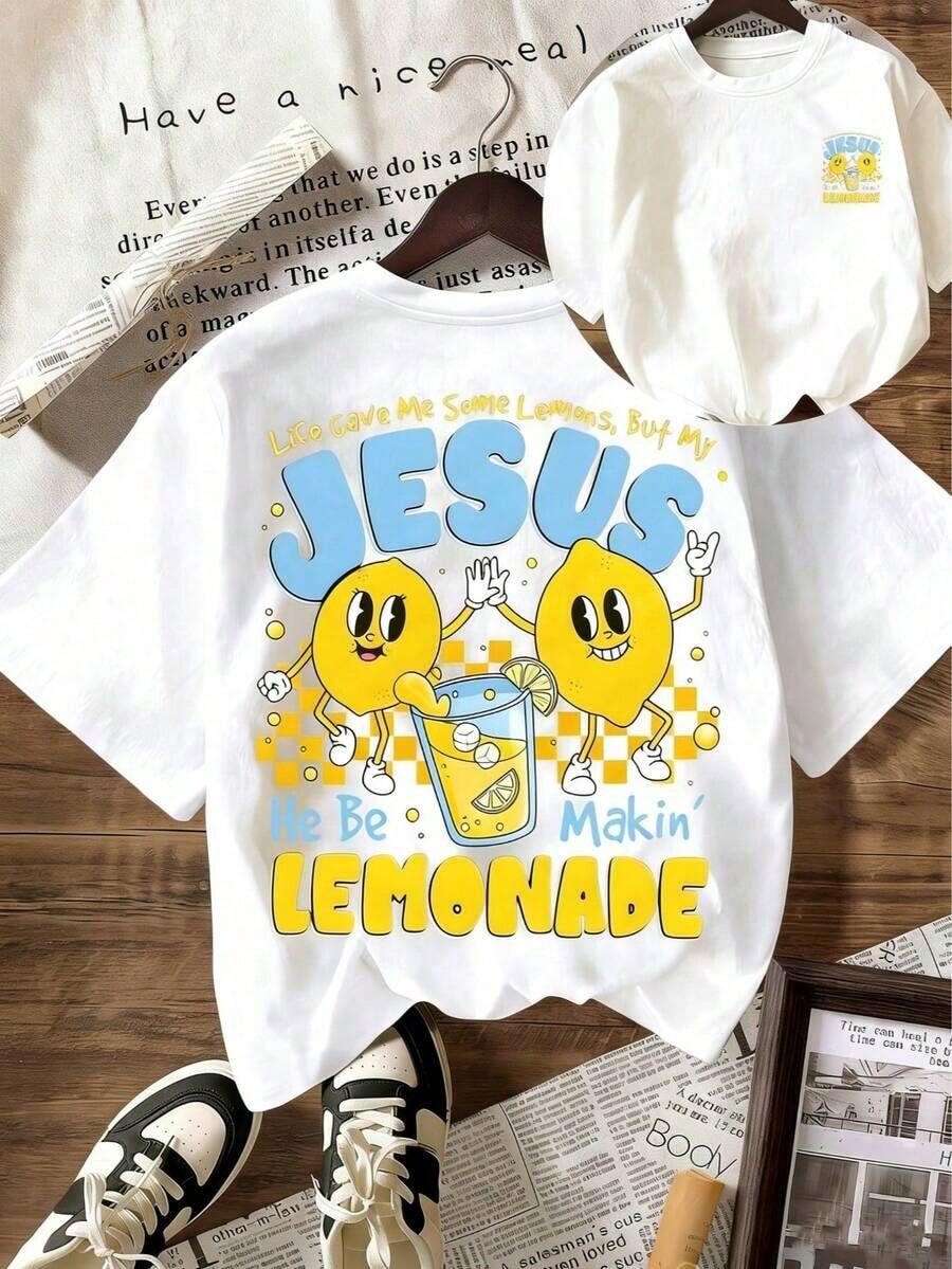 [% Cotton] TaggedThreads Jesus Lemonade T-Shirt, But My Jesus Is Making Lemonade, Women's Graphic Tee, Casual Short Sleeve Crew Neck T-Shirt, Comfortable Summer, Autumn And Winter Styles - Unisex Everyday Wear For Women And Men For Campus - 白色 - 查看 1