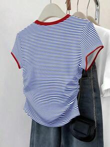 Camiseta de mujer con estampado gráfico de parches de cuadrícula de rayas multicolor en la cintura - Multicolor 2 - Ver 2