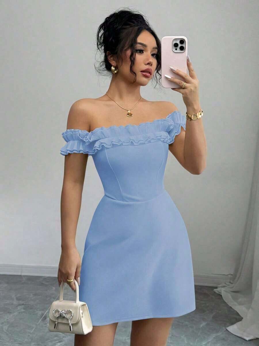Vestido romántico con hombros descubiertos y volantes en la cintura para mujeres - Azul - Ver 1