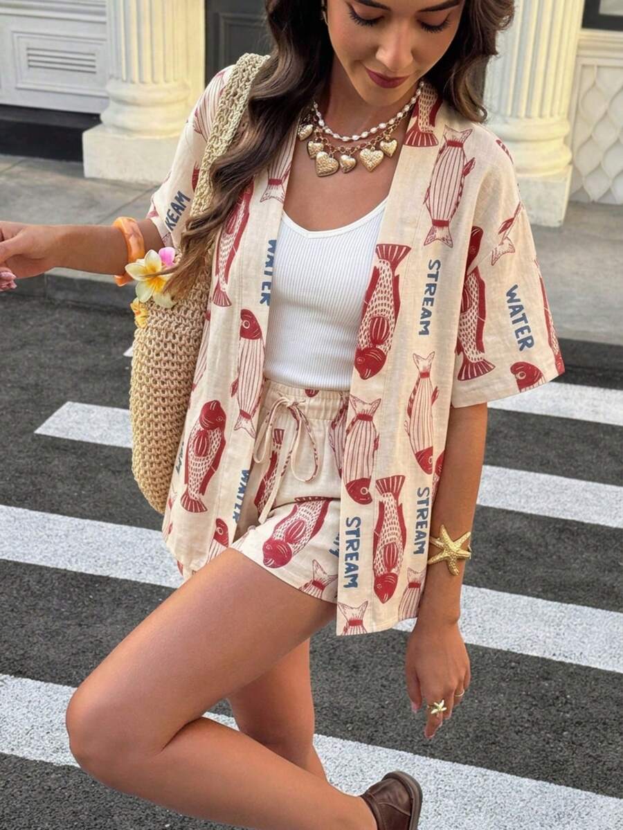 European Vacation-Inspired Printed Two Pieces Sets, Elastic-Waist Pants, Bohemian Style Summer - Red - View 1