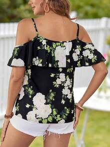 Camiseta de tirantes con cuello con volantes y estampado floral para vacaciones - Negro - Ver 2