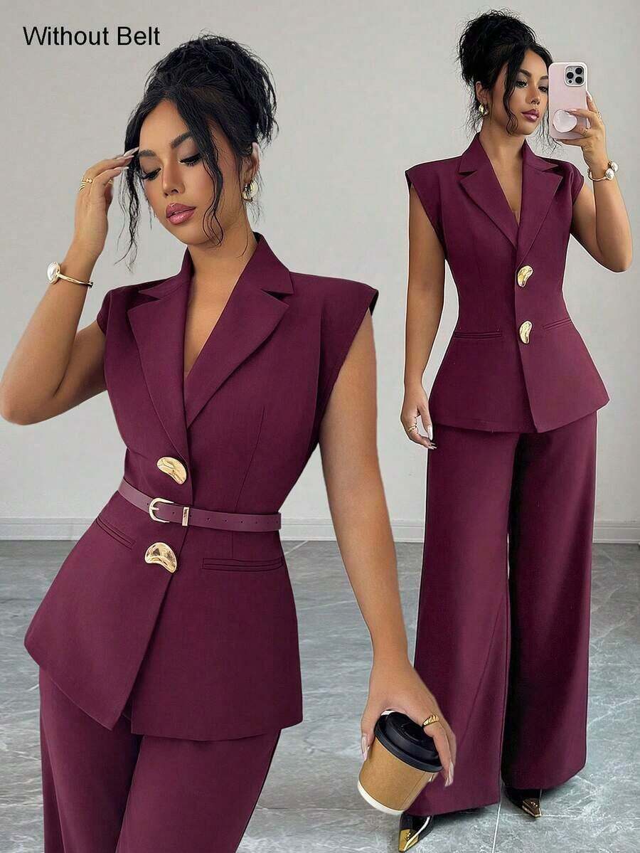 Conjunto de blazer de unicolor con decoración de hebilla metálica y bolsillo falso + pantalones rectos de cintura alta y sueltos, estilo vintage francés elegante para oficina, viajes, negocios, casual, citas, primavera/verano - Granada - Ver 1