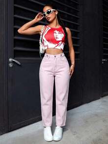 Pantalones vaqueros informales de mujer con bolsillos de forma cónica y multiusos - Rosa - Ver 3