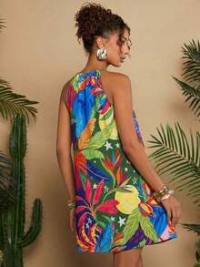 Vestido corto holgado con hombros al descubierto y estampado tejido para mujeres para vacaciones - Azul 2 - Ver 5