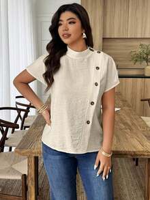 Weeklong Camisa suelta con botones y bordado de ojetes asimétrico, atuendo casual para diario/vacaciones, ropa de oficina - Albaricoque - Ver 5