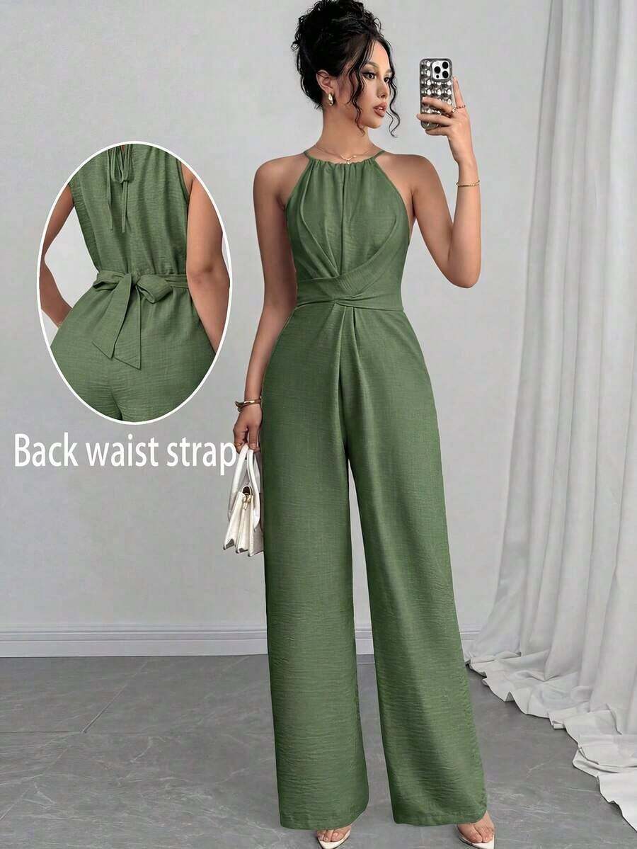 Mono sin mangas de un solo color con diseño cruzado para mujer, atuendo elegante para festivales, fiestas, festivales de música, temporada de graduación, playa, vacaciones y uso diario - Verde militar - Ver 1