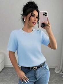 Camiseta de manga corta con decoración de strass para mujer, verano - Azul - Ver 6