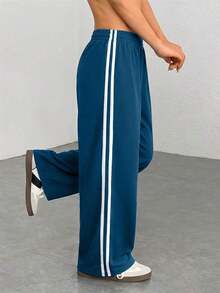 Pantalones casuales con rayas laterales negras, de estilo simple y de moda para uso diario, graduación, maestros y vuelta al colegio para mujeres - azul real - Ver 2