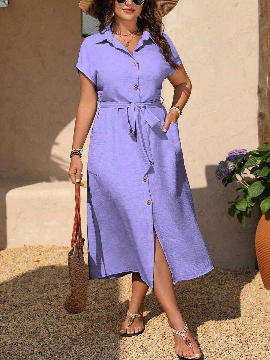 Vestido casual de talla grande para mujer con cinturón de unicolor - Morado - Ver 1