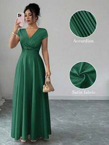 Vestido elegante y romántico para mujeres con cuello en V, mangas cortas y cintura ceñida - Verde Oscuro - Ver 1