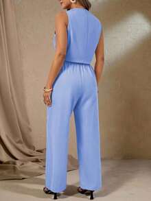 Conjunto de top de chaleco y pantalones de mujer talla grande elegante y romántico en color rosa con cuello en V, conjunto de ropa de cumpleaños para primavera/verano para mujer, conjunto de monos elegantes, traje formal de negocios elegante para - Niebla azul - Ver 2