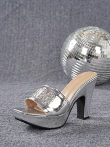 Sandales à talons hauts ouverts en argent pour femmes, nouvelles sandales à plateforme épaisse et talon compensé pour 2026, tailles plus, pour un usage extérieur - Argent - Voir 7
