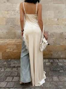 YHHVestido asimétrico con tirantes de espagueti, calado y parches de encaje y satén, estilo retro francés, elegante y sexy, vestido de espalda descubierta de unicolor con empalme de encaje para vacaciones y fiestas de veranoYHH - Negro - Ver 7