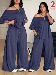 Conjunto de dos piezas de camiseta hombros descubiertos y pantalón ancho de chándal para mujer talla grande, minimalista, ropa de calle, uso diario, salir, deporte, cómodo - Azul - Ver 12