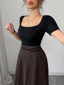 YHHRafferiza Petite Vestido midi de mujer con escote cuadrado y mangas cortas con estampadoYHH - Multicolor - Ver 3