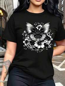 100% Cotton T-Shirt With A Unique, Elegant Butterfly Print On A Floral Background, Ideal For Women Seeking Modern Style And Sophistication, Perfect For Casual Events And Nights Out. Available In Black, Sizes S, M, L. Women's Fashion, Casual Wear, Seasonal. - 黑色 - 查看 1