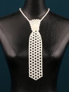 1pc European And American Faux Pearl Tie Necklace, Wedding/Party Accessory, Arrow-Shaped Fashion Accessory For Men And Women - White - View 6