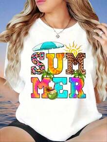 Camisa Blanca de Mujer con Estampado Tropical de Verano y Diseño de Coco, Ropa para Vacaciones en la Playa, Estampados Divertidos, Adecuada para el Día de San Valentín, el Hogar, Caminar, Deportes, Fiestas, Regalos de Vacaciones, Camisa de Mujer. - Blanco - Ver 6